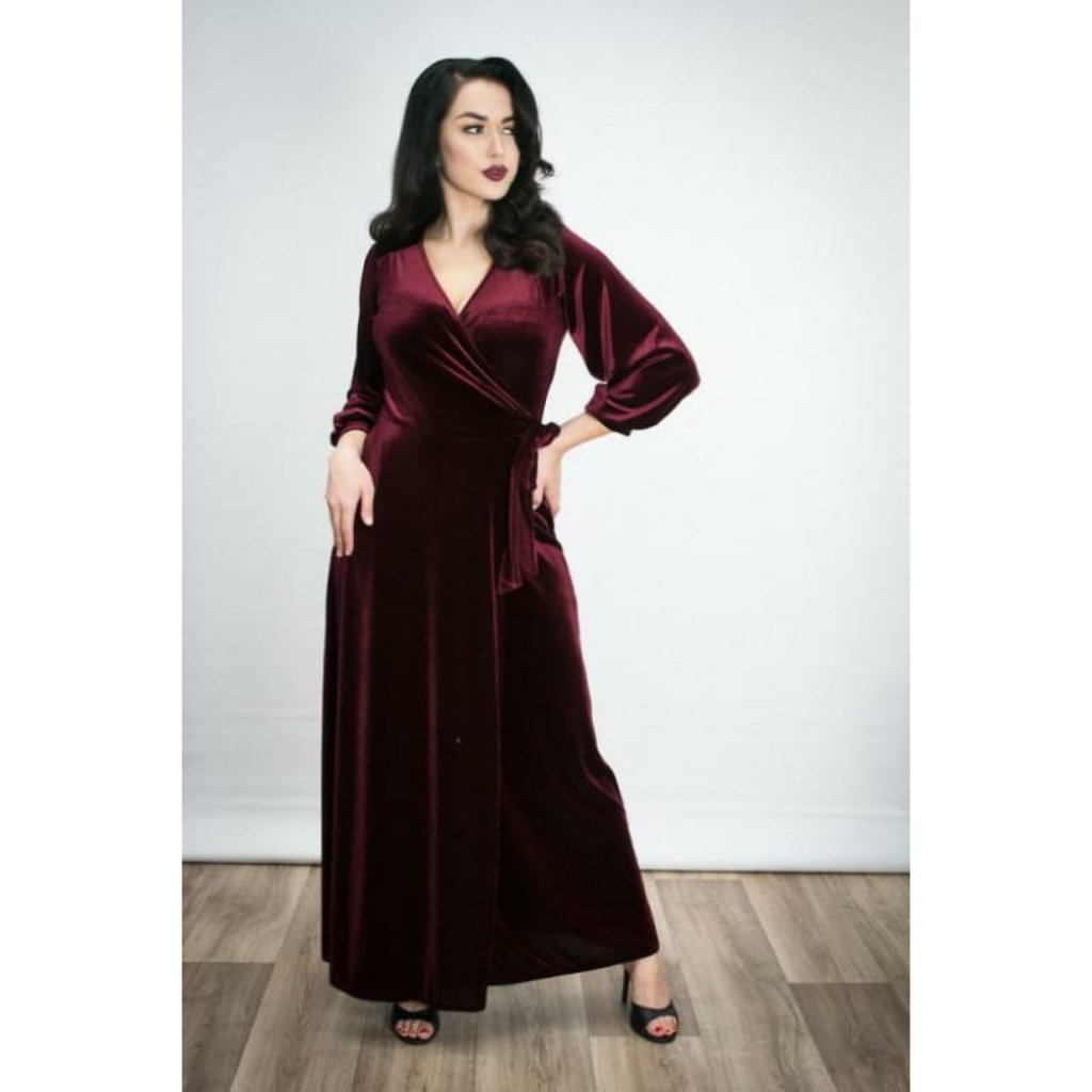Euc - Heart Of Haute Rhea Dress Burgundy Velvet Red Wine Wrap Maxi Pinup Retro — image 2 of 8